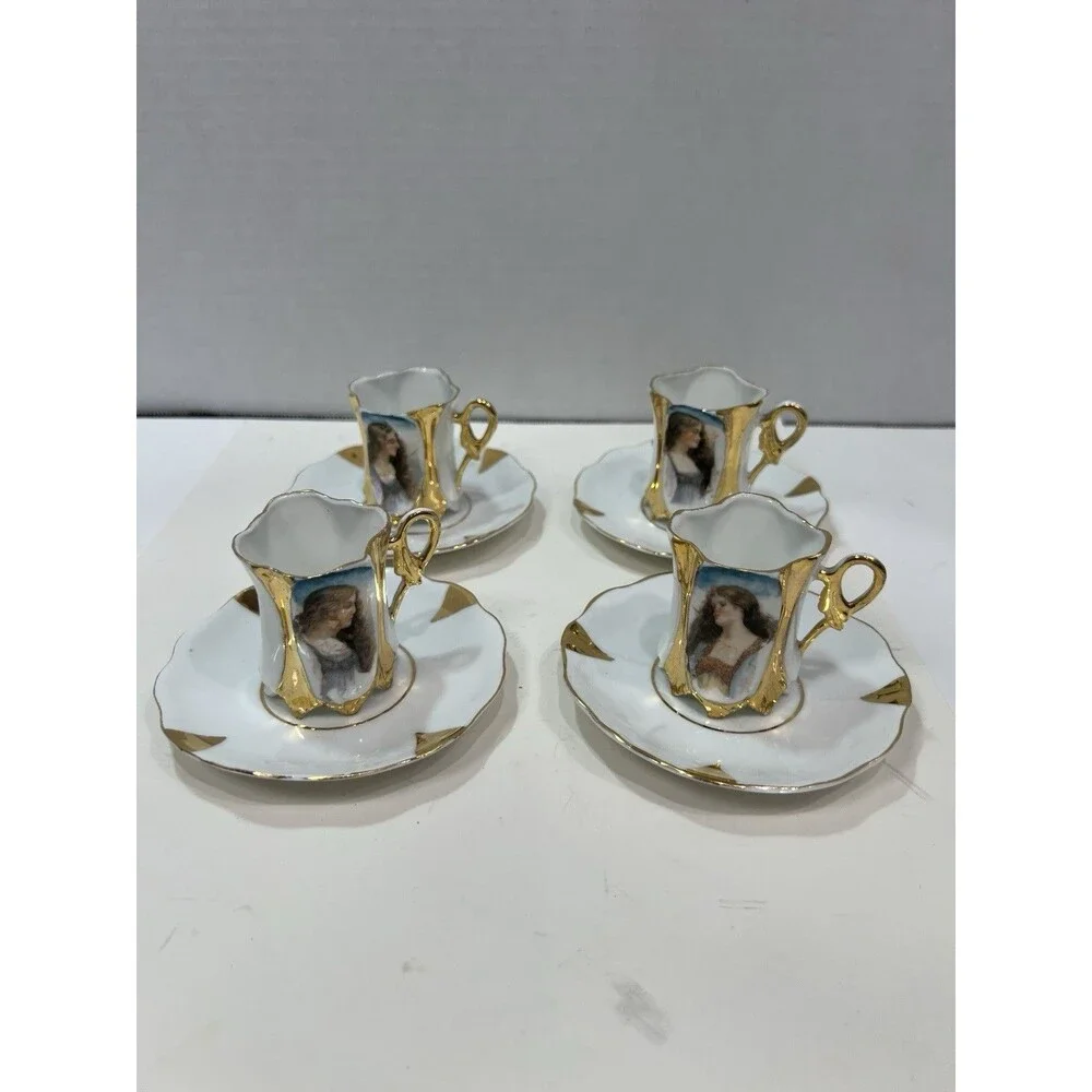 Vintage European Art Nouveau Portrait Demitasse Cups Saucers Mold 1066 Gilding